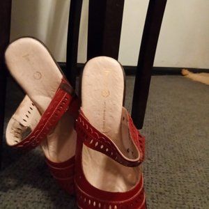 Red and tan,pink and tan wedges/ sandals /mules